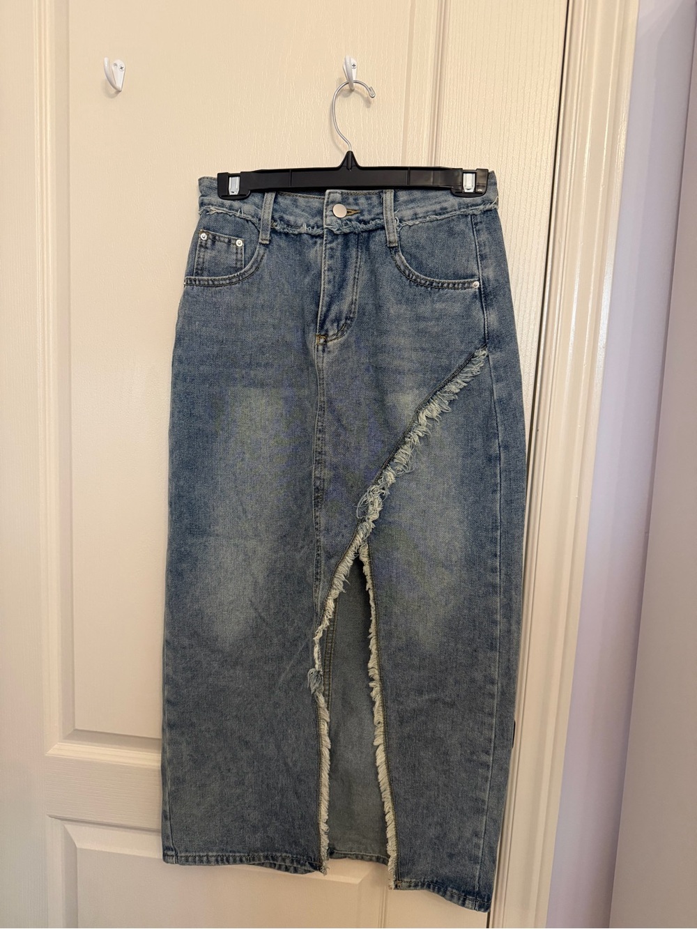 OAK + FORT Light Blue Distressed Denim Maxi Skirt